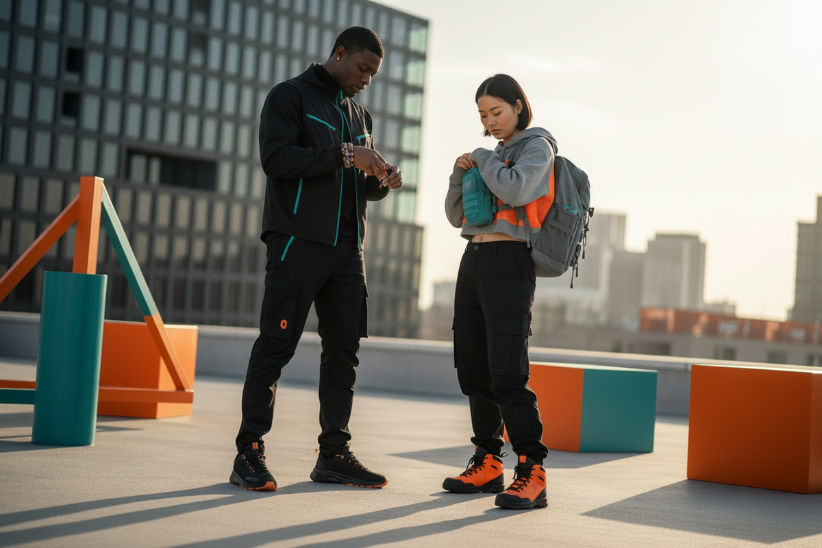 Two people in athletic wear standing on a rooftop terrace at sunset, one looking at a watch and the other holding a water bottle. They are dressed in black and gray outdoor apparel with bright orange and teal accents.