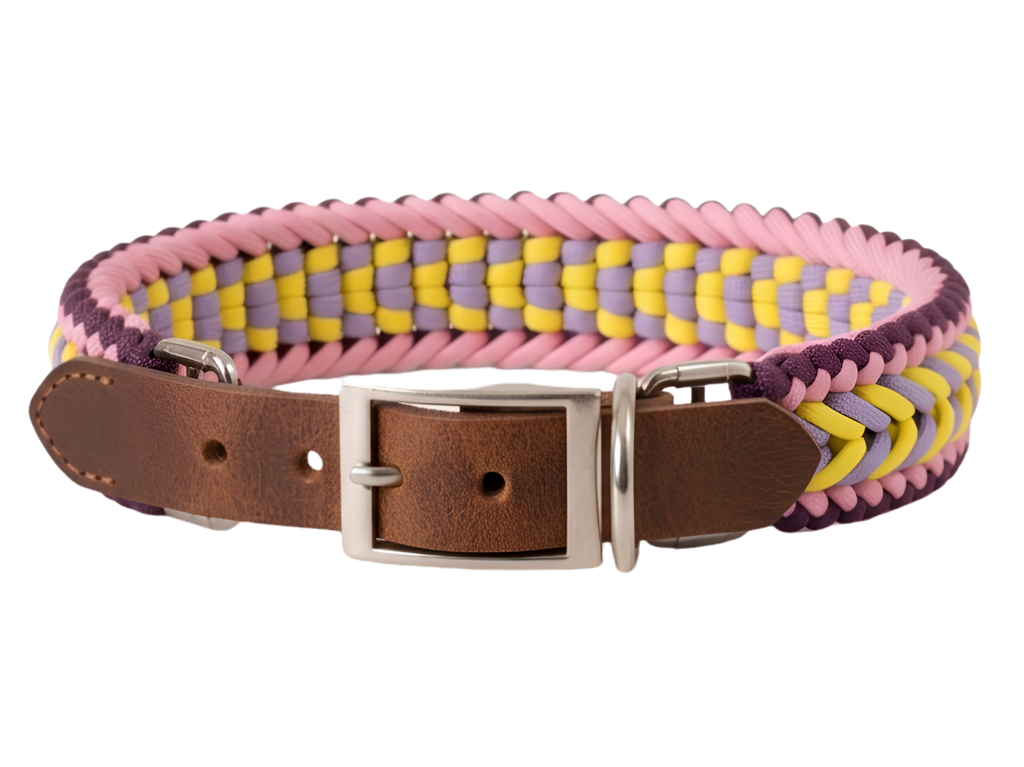 Handwoven Pastel Paracord Dog Collar – Leather & Stainless Steel Buckle | Stylish Pet Accessory