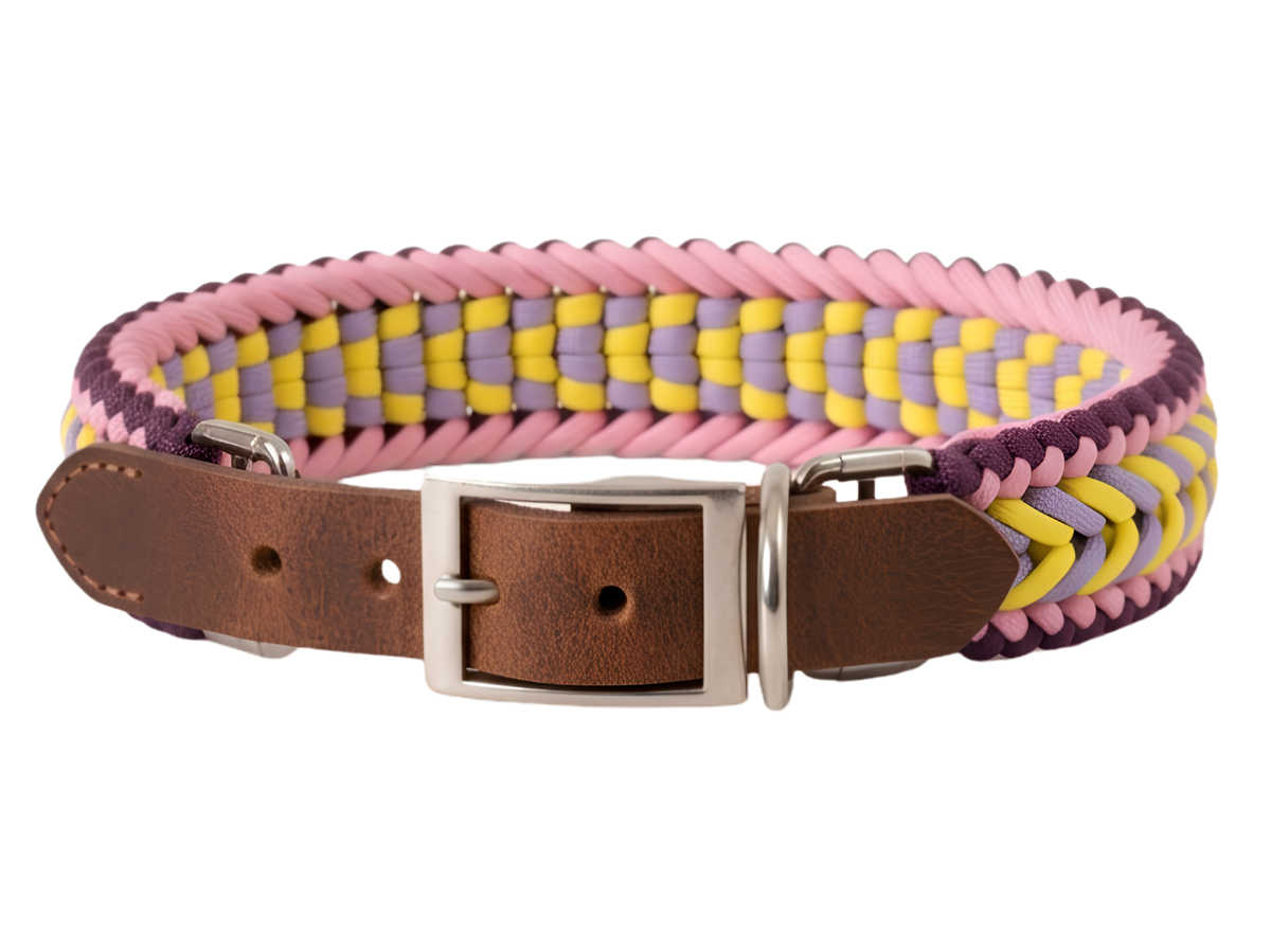 Handwoven Pastel Paracord Dog Collar – Leather & Stainless Steel Buckle | Stylish Pet Accessory