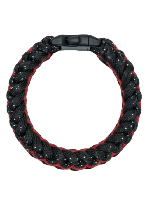 A black paracord bracelet with red stitching and a black metal clasp, shown on a plain light gray background.