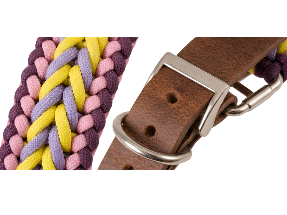 Handwoven Pastel Paracord Dog Collar – Leather & Stainless Steel Buckle | Stylish Pet Accessory