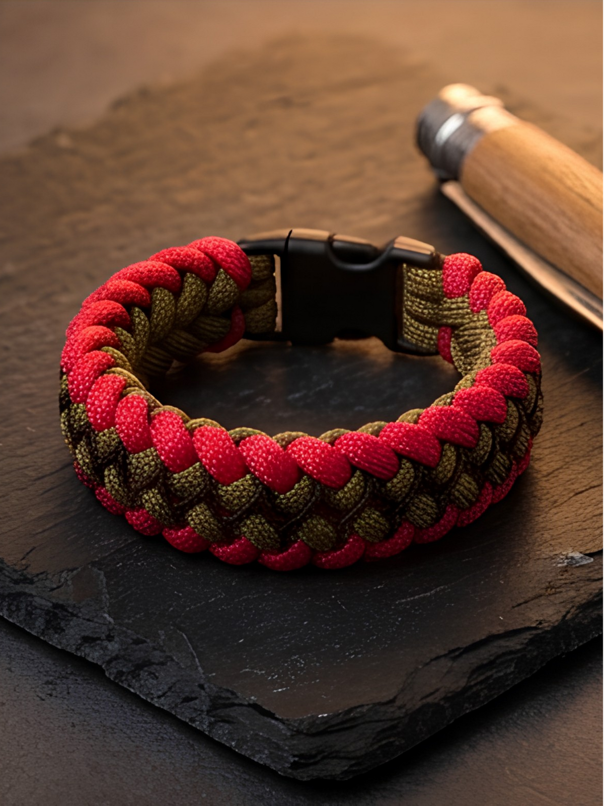 Dual-Tone Cobra Paracord Survival Bracelet – Crimson Red & Coyote Tan | Bold EDC Survival Gift
