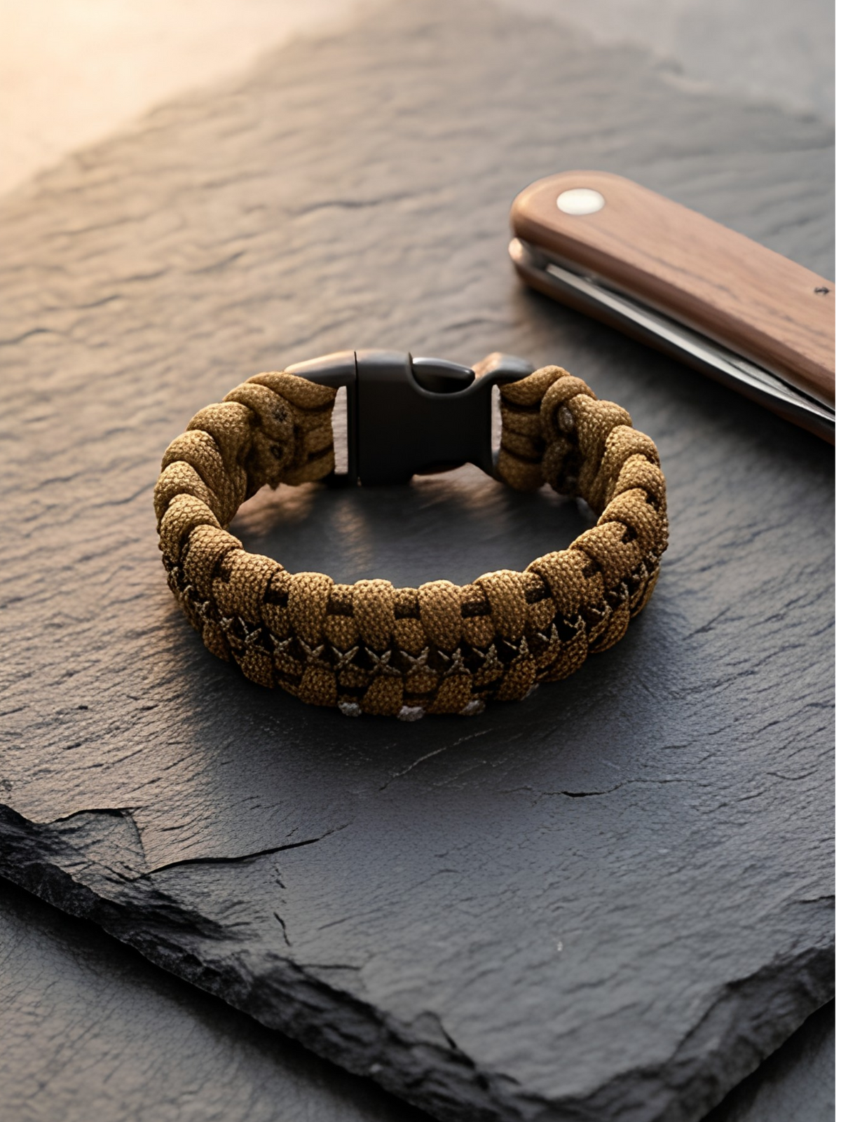 Tactical Coyote Brown 550 Paracord Survival Bracelet – Desert EDC Bracelet with X-Stitch Detail