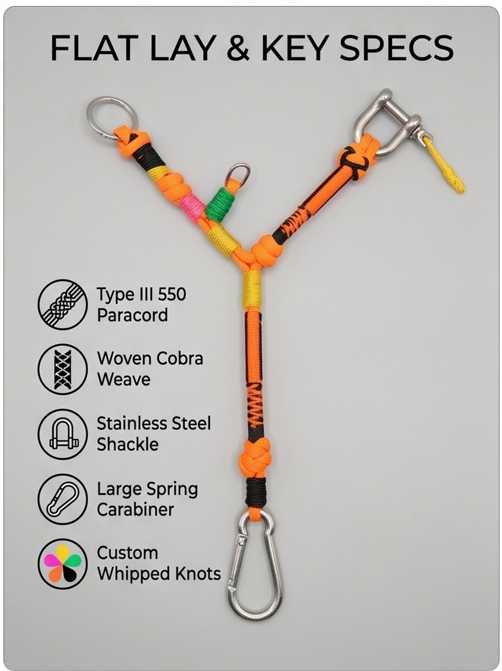 Multi-Point Tactical Paracord Lanyard Tether - High-Vis Neon & Stainless Hardware