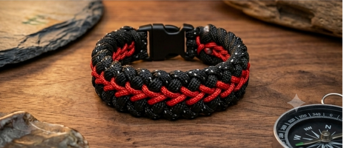 A black and red braided paracord bracelet with a black buckle, displayed on a wooden surface with rustic props like a compass and dried leaves.