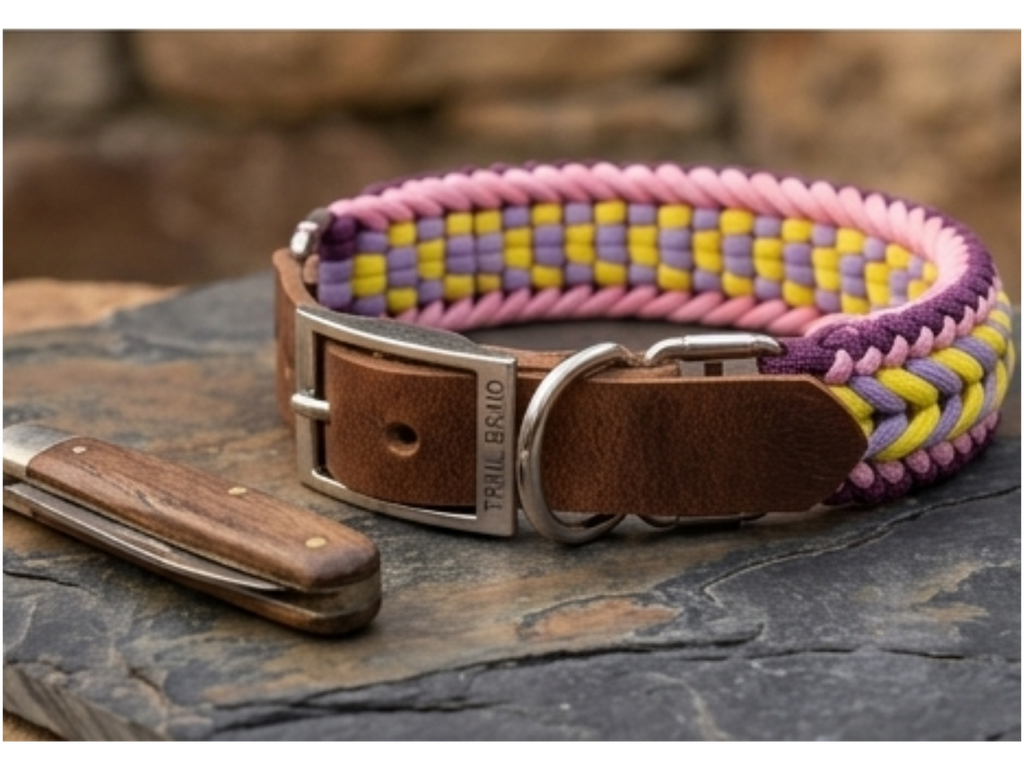 Handwoven Pastel Paracord Dog Collar – Leather & Stainless Steel Buckle | Stylish Pet Accessory