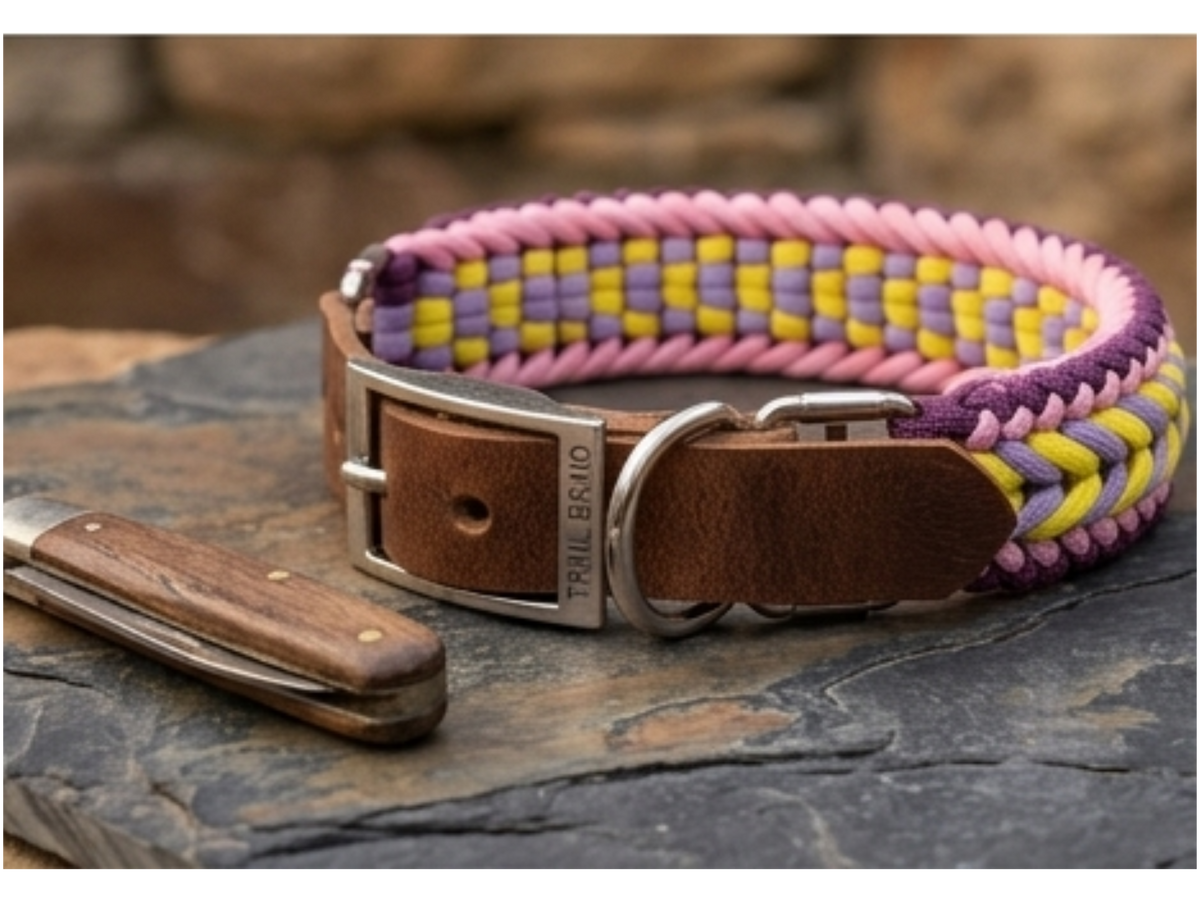 Handwoven Pastel Paracord Dog Collar – Leather & Stainless Steel Buckle | Stylish Pet Accessory
