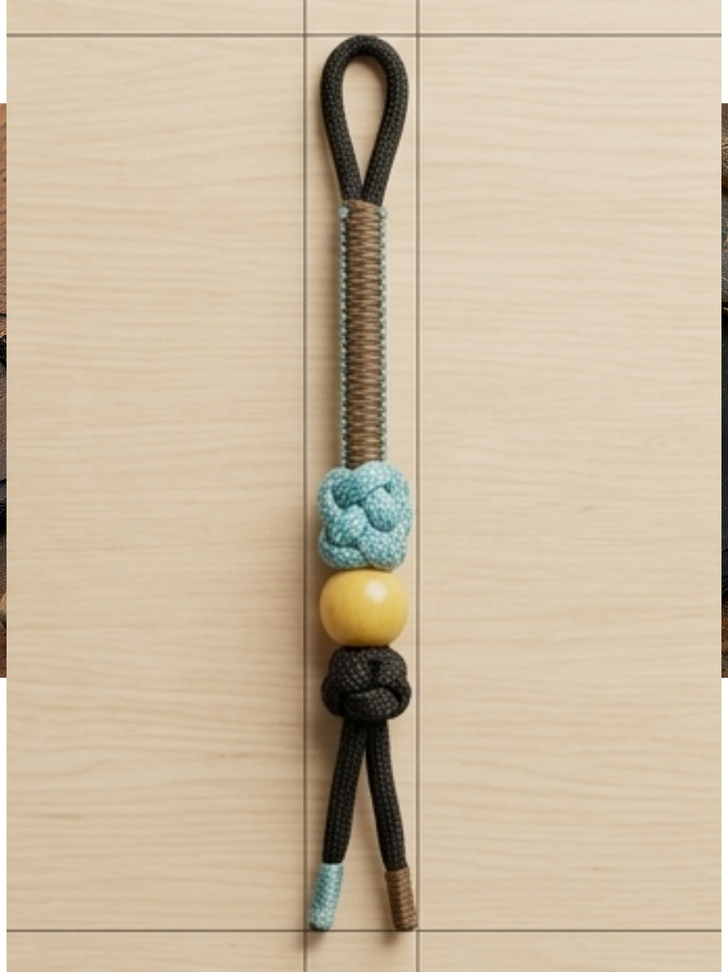 Artisanal Paracord Knife Lanyard - Yellow Wooden Bead Accent