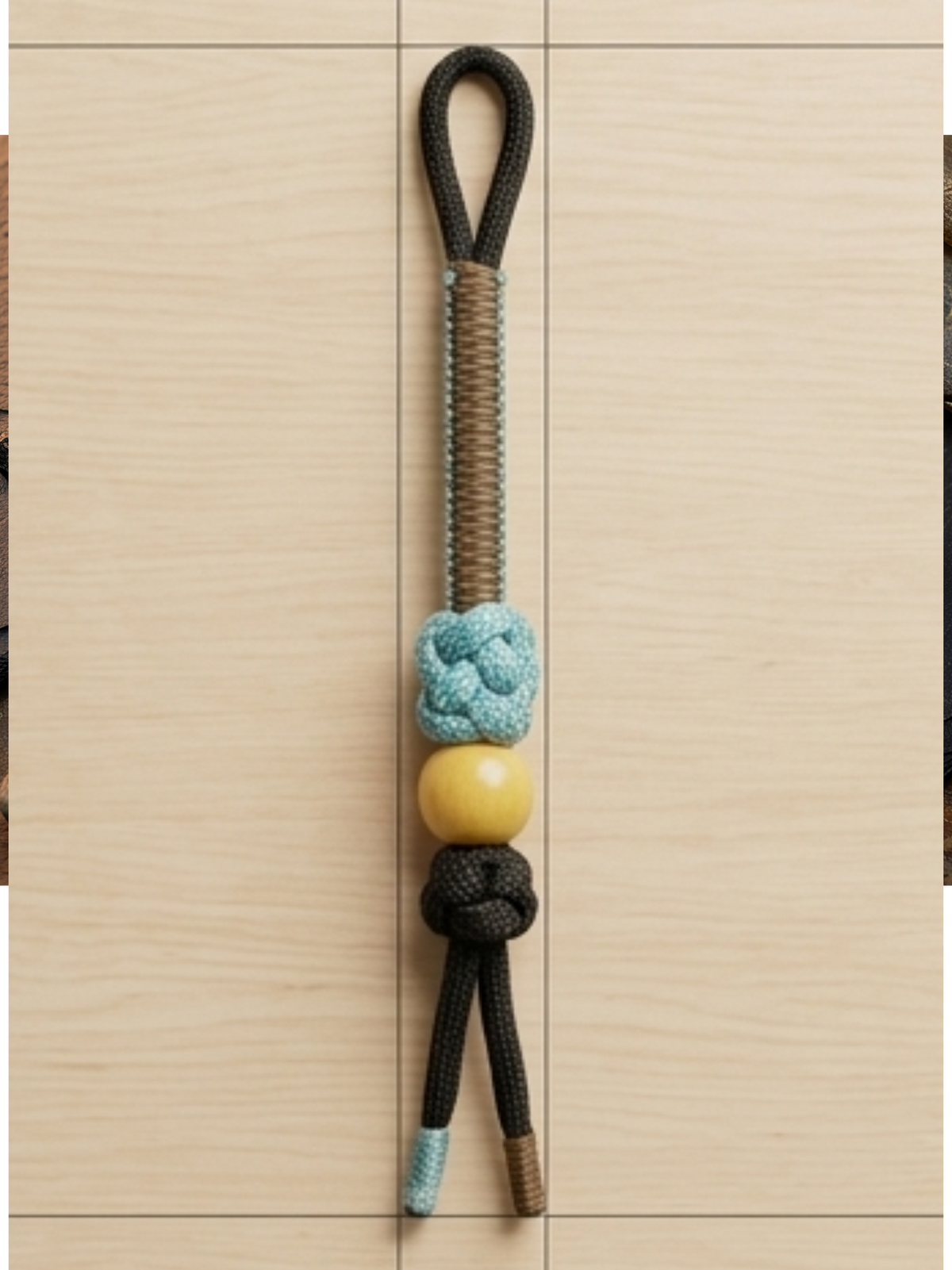 Artisanal Paracord Knife Lanyard - Yellow Wooden Bead Accent