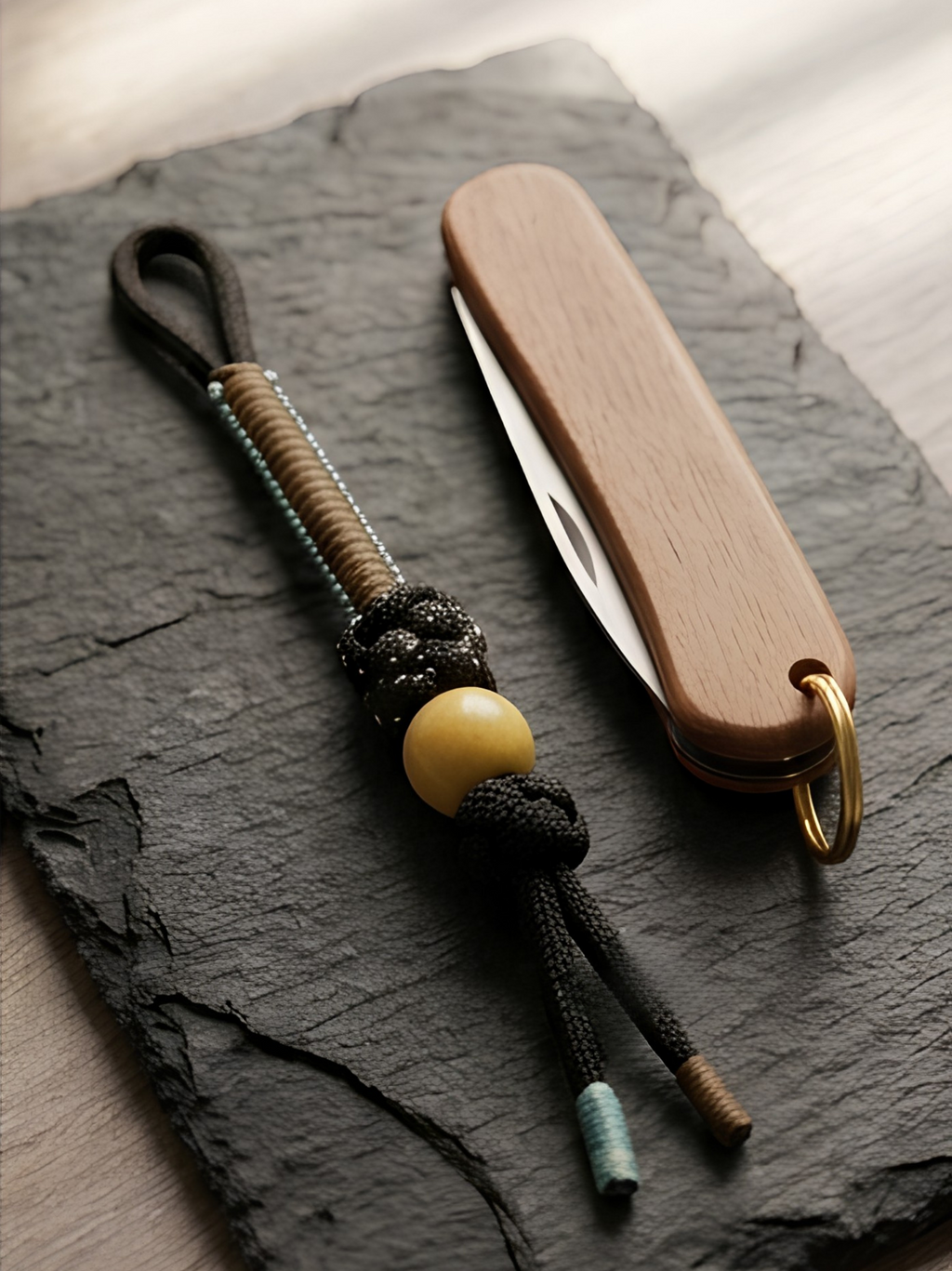 Artisanal Paracord Knife Lanyard - Yellow Wooden Bead Accent