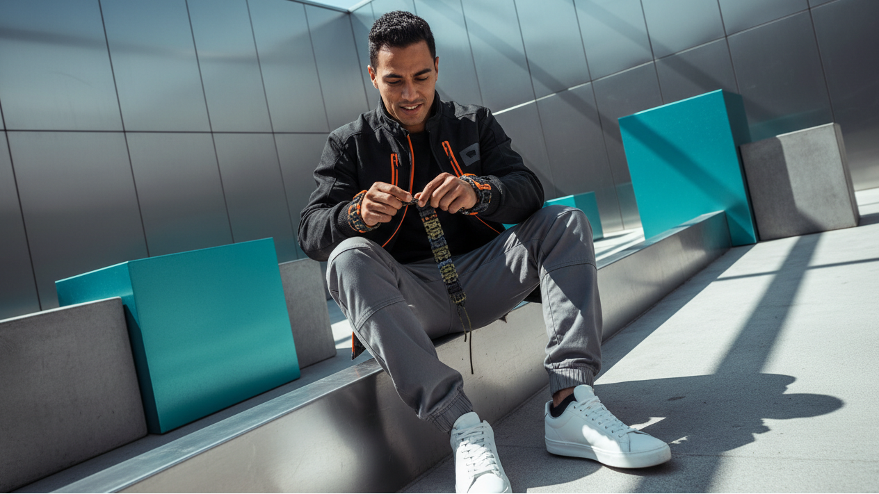A man sitting on a modern concrete bench in a sleek, geometric outdoor setting, wearing a black zip-up hoodie with bright orange drawstrings, gray sweatpants, and white sneakers.