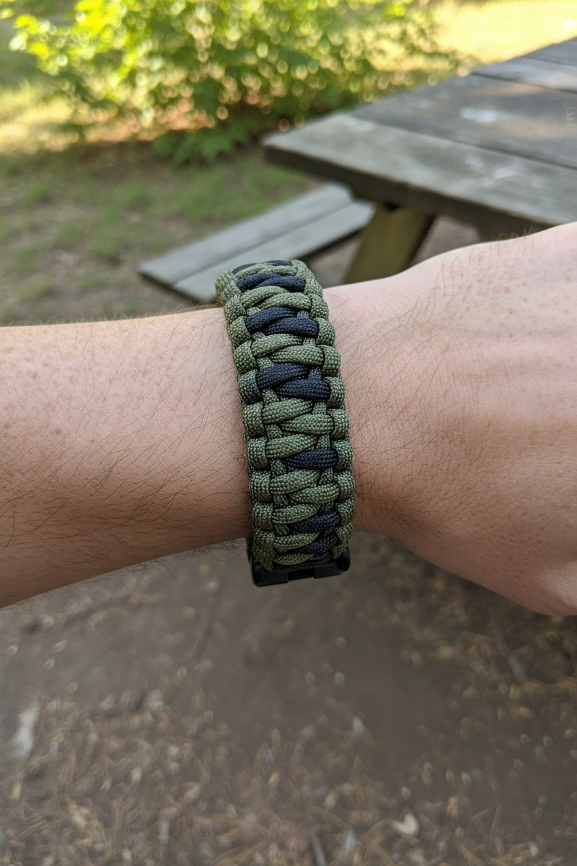 King Cobra paracord survival bracelet in olive drab and matte black worn on wrist outdoors