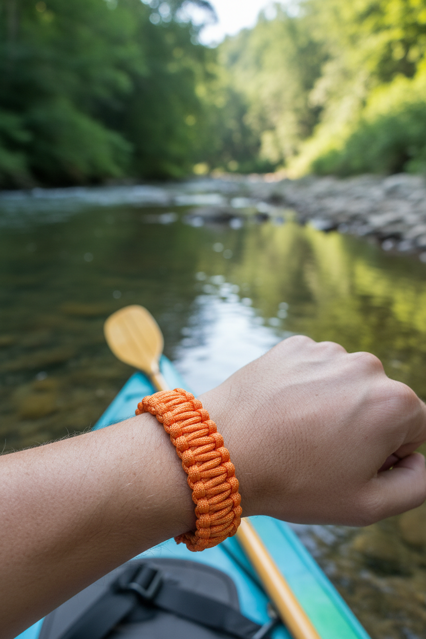 High visibility orange cobra weave paracord survival bracelet worn on wrist near water outdoors