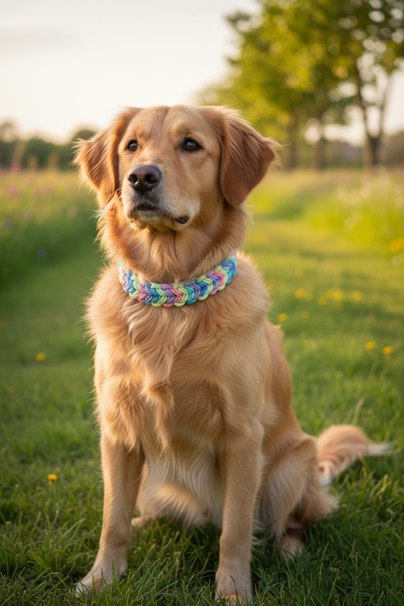 Colourful handwoven pastel paracord dog collar on a dog sitting on grass outdoors in natural daylight